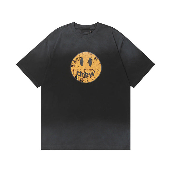Drew House Distressed Smiley Face Tee, Washed Black Hover Image