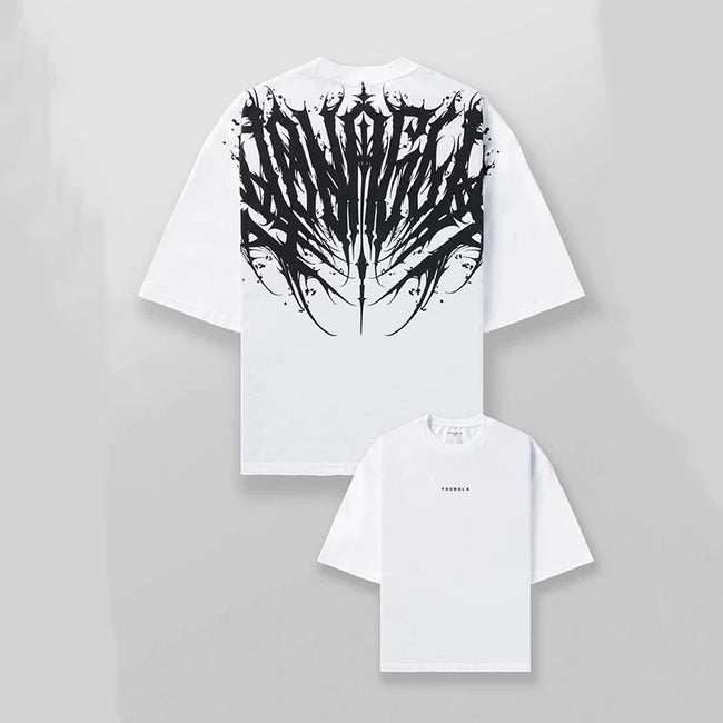 YoungLA White Tribal Tattoo Back Logo Oversized Shirt | Heavy Cotton Gym Pump Cover Hover Image