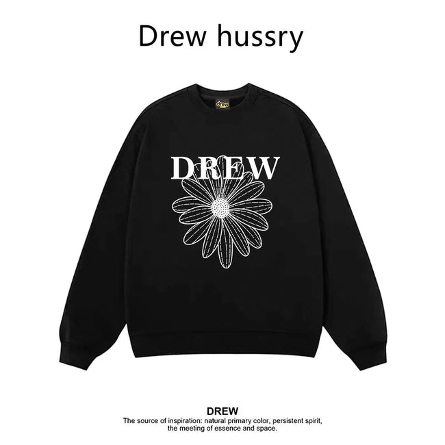 Drew Daisy Print Crewneck Sweatshirt, Unisex Oversized Fit, Black Regular Style Hover Image