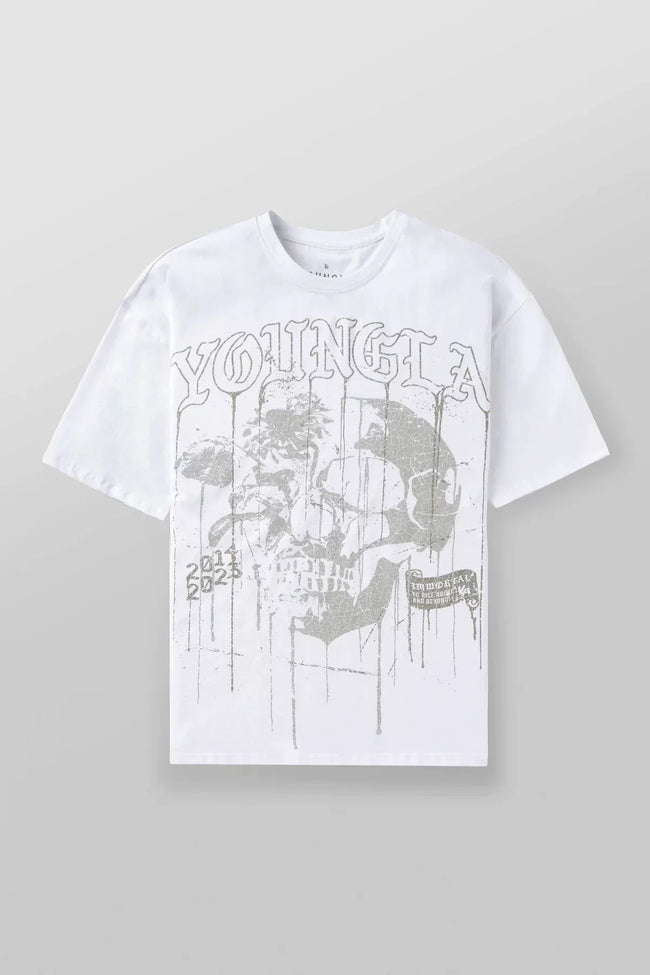 YoungLA Men's Heavyweight Oversized Graphic Tee – Drip Skull Vintage Wash T-Shirt Hover Image