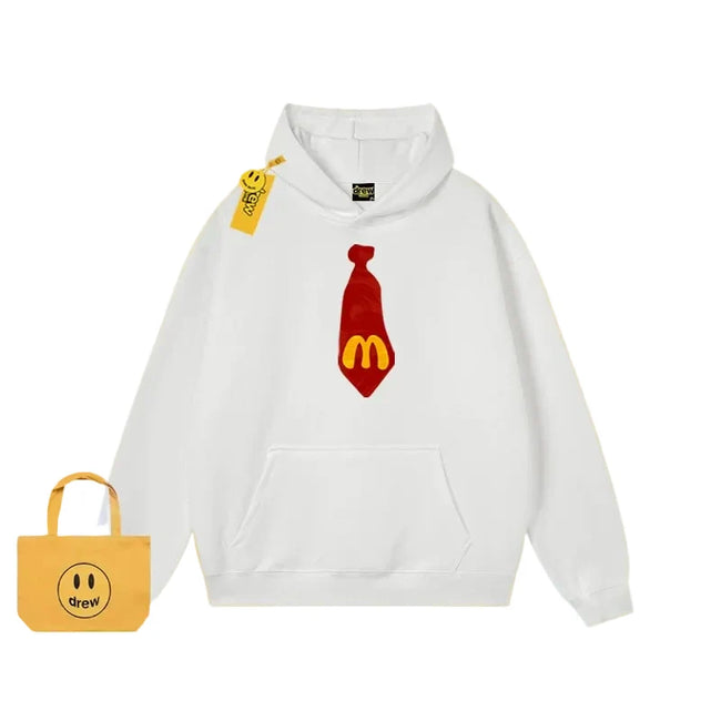 Drew Cartoon Tie Print Fleece Hoodie, White Hover Image