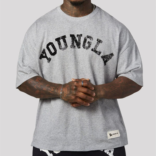 YoungLA Heavyweight Acid Wash Oversized Tee – Heather Grey Distressed Print Hover Image