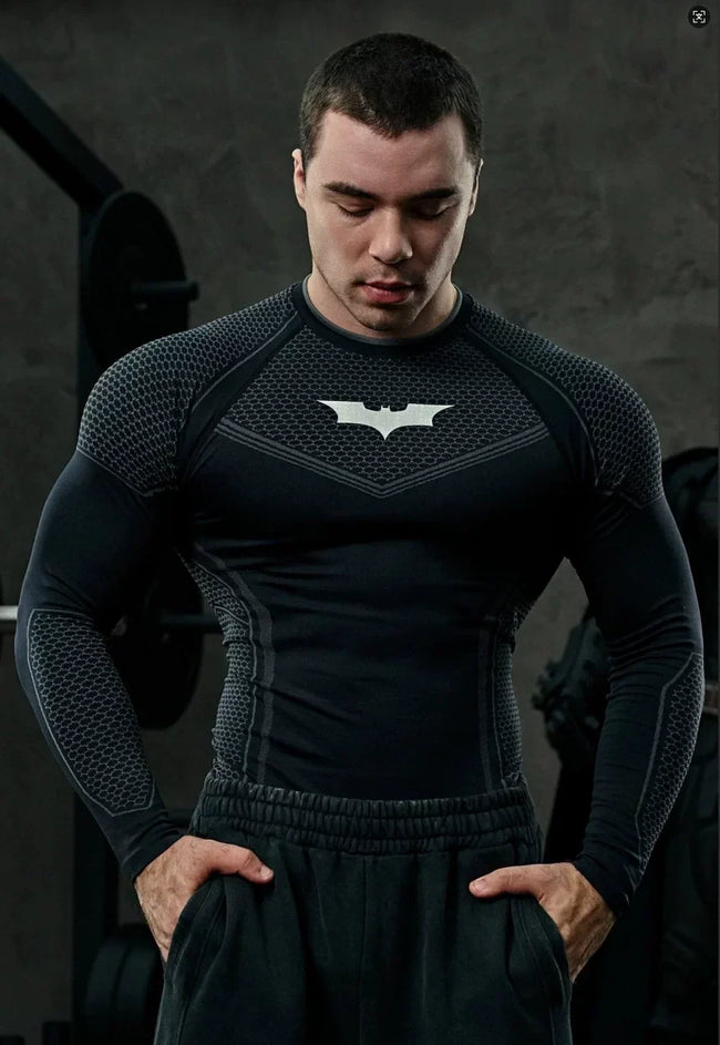 YOUNGLA Batman Superhero Compression Long-Sleeve Gym Shirt Hover Image