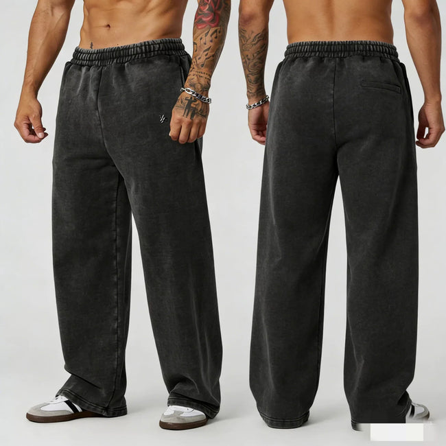 YOUNGLA Men's Arched Collegiate Acid Wash Wide Leg Sweatpants Hover Image