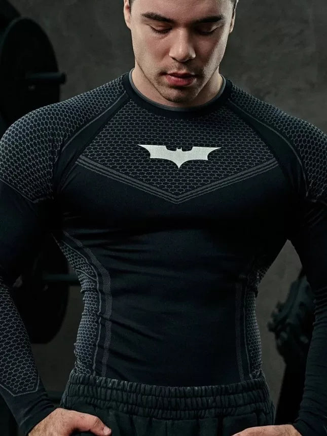YOUNGLA Batman Superhero Compression Long-Sleeve Gym Shirt  LightGray