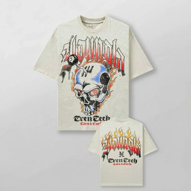 YoungLA Heavyweight Acid Wash Oversized Tee – Tren Tech Skull & Flames Graphic Hover Image