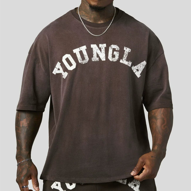 YoungLA Heavyweight Acid Wash Oversized Tee – Mocha Brown Distressed Print Hover Image