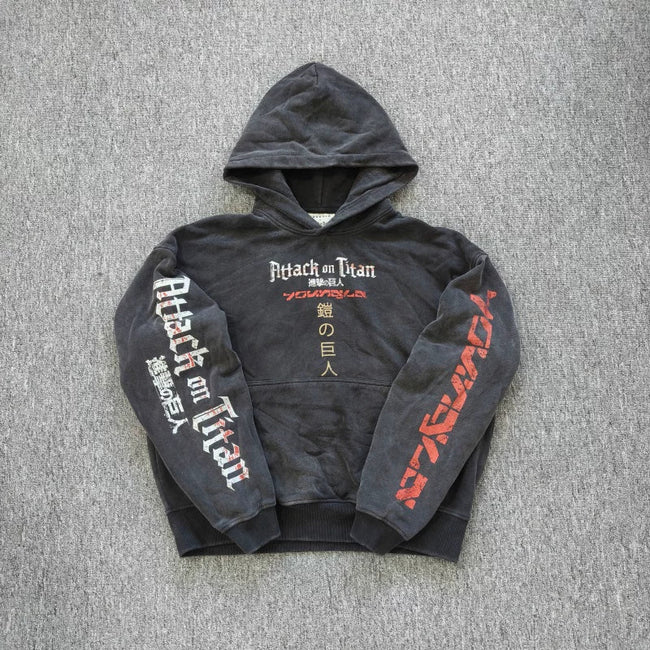 YOUNGLA- Washed Black Attack on Titan Anime Graphic Pullover Hoodie Hover Image