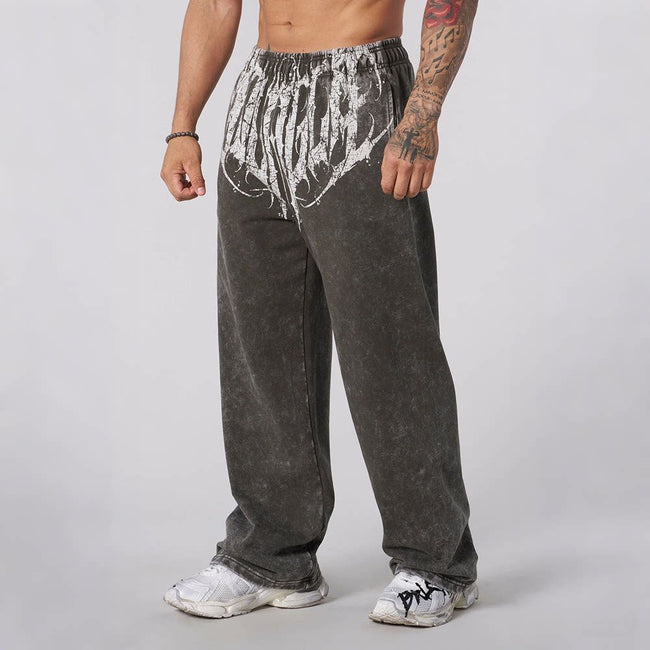 YOUNGLA Men's Gothic Graphic Acid Wash Wide Leg Sweatpants Hover Image