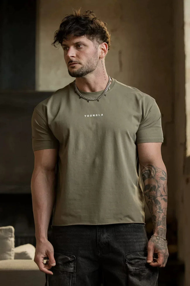 YoungLA Heavyweight Acid Wash Oversized Tee – Sage Olive Minimal Chest Logo Hover Image