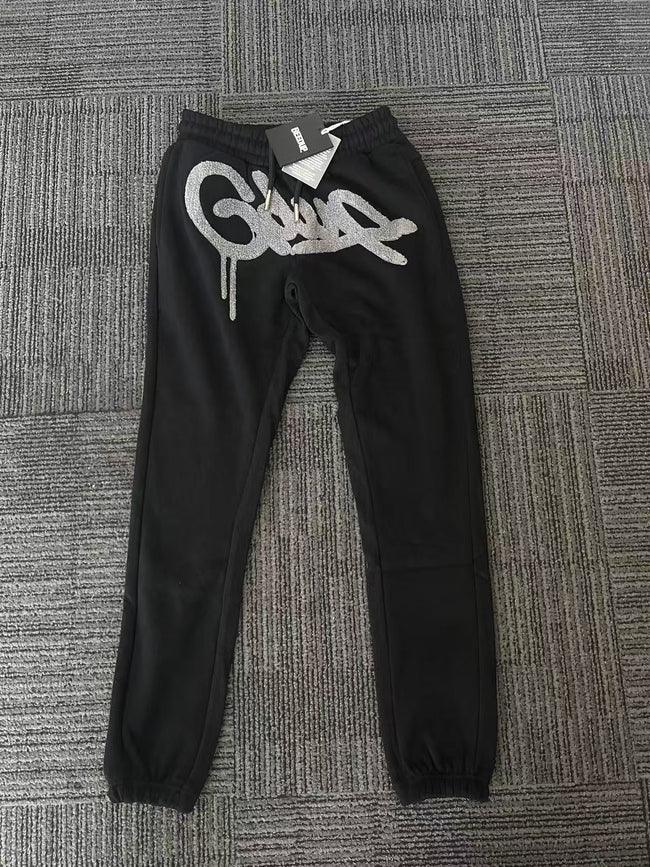 Geedup Black Silver Rhinestone Graffiti Sweatpants Hover Image
