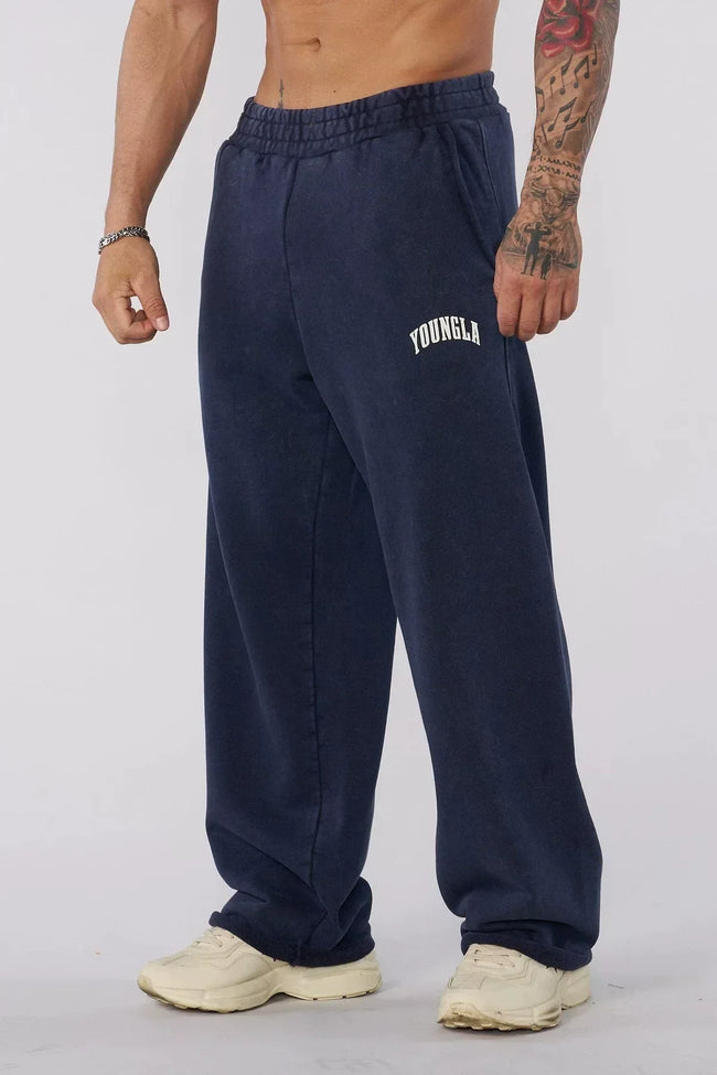 YOUNGLA Men's Arched Collegiate Logo Acid Wash Wide Leg Sweatpants Hover Image