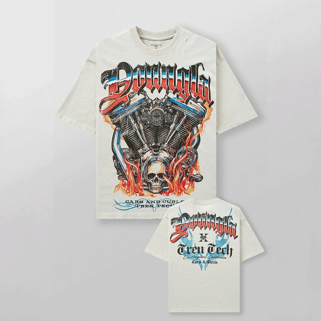 YoungLA Heavyweight Acid Wash Oversized Tee – Mechanical V-Twin Engine Off-White Graphic Hover Image