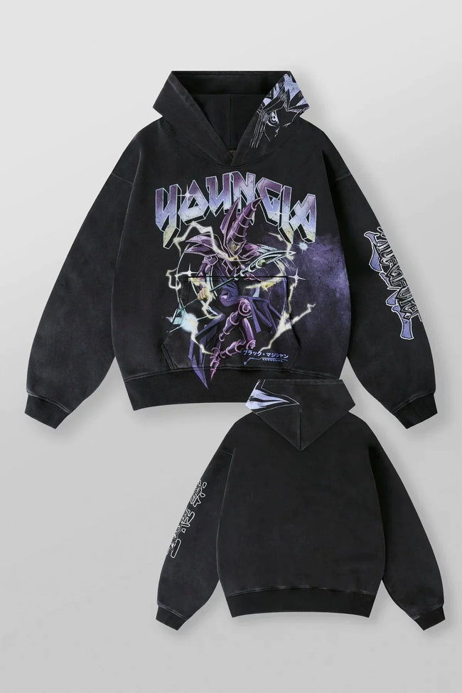 YOUNGLA- Washed Black Anime Graphic Pullover Hoodie Hover Image