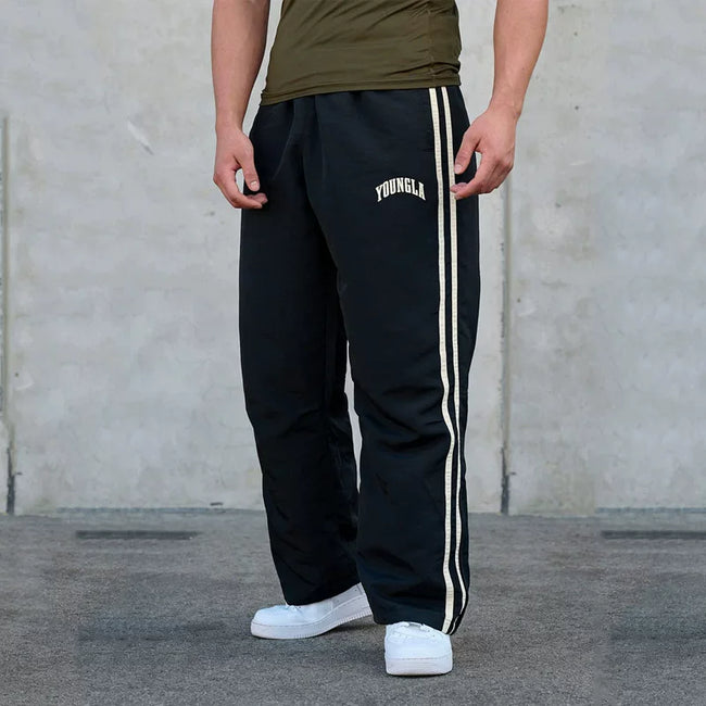 YoungLA Contrast Piping Training Track Pants – Jet Black Edition Hover Image