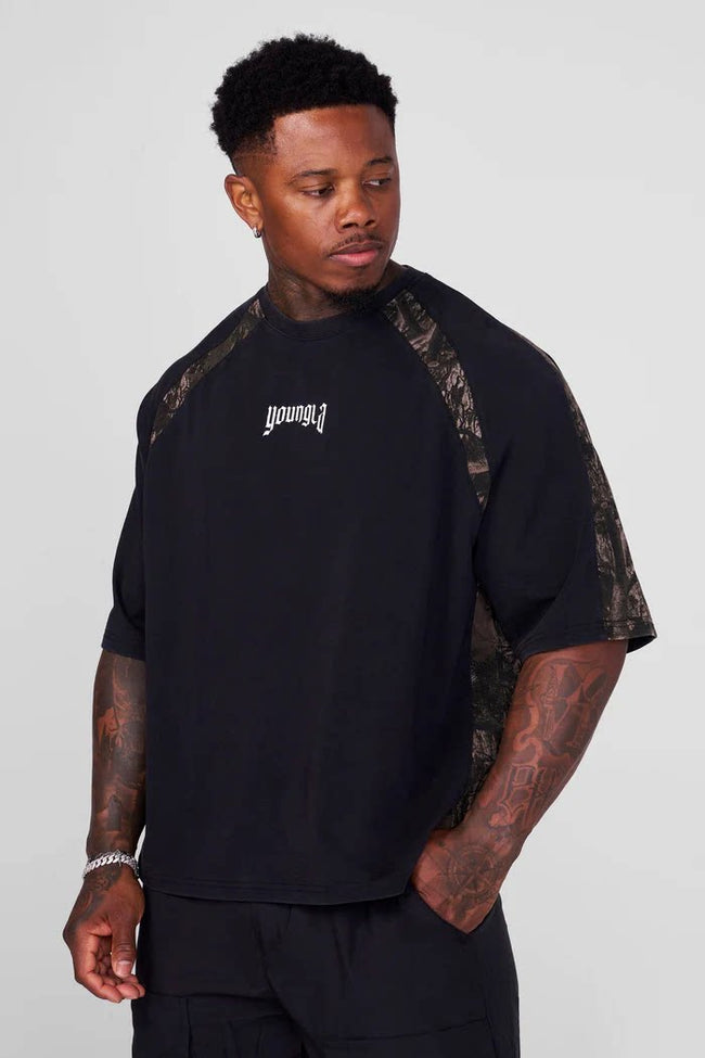 YoungLA Heavyweight Acid Wash Oversized Tee – Raglan Paneled Gothic Micro Logo Hover Image