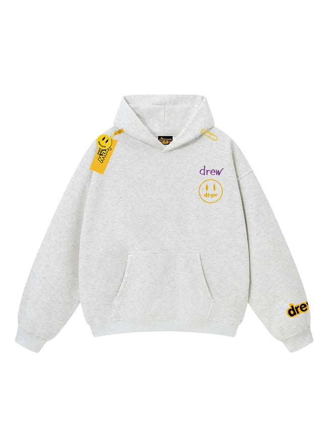 Drew Light Grey Smiley Graphic Relaxed-Fit Fleece Hoodie Hover Image