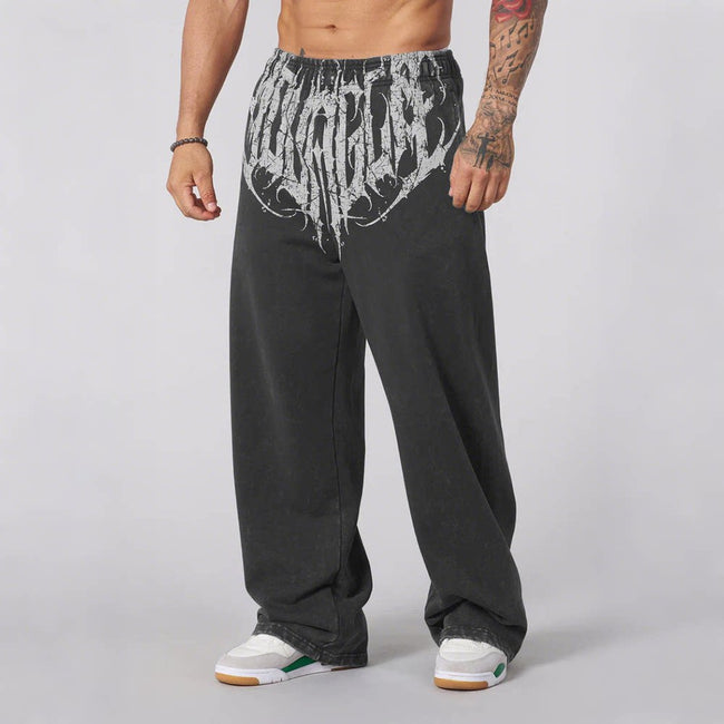 YOUNGLA Men's Gothic Graphic Acid Wash Wide Leg Sweatpants Hover Image