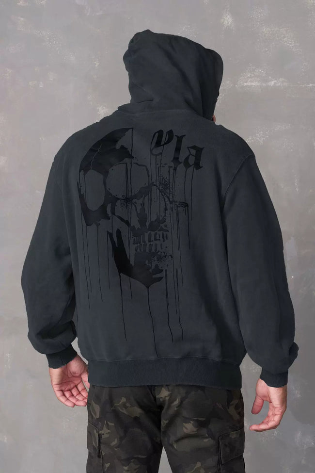 YOUNGLA- Washed Black Skull Graphic Hoodie Sweatshirt Hover Image