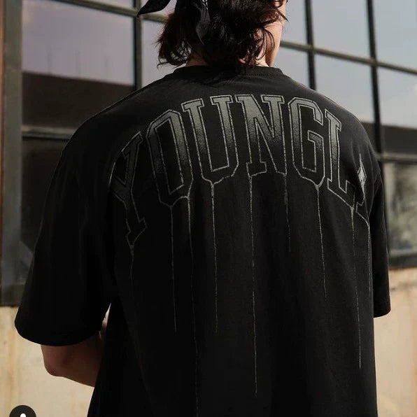YoungLA Heavyweight Acid Wash Oversized Tee – Acid Black Drip Arc Back Artwork Hover Image