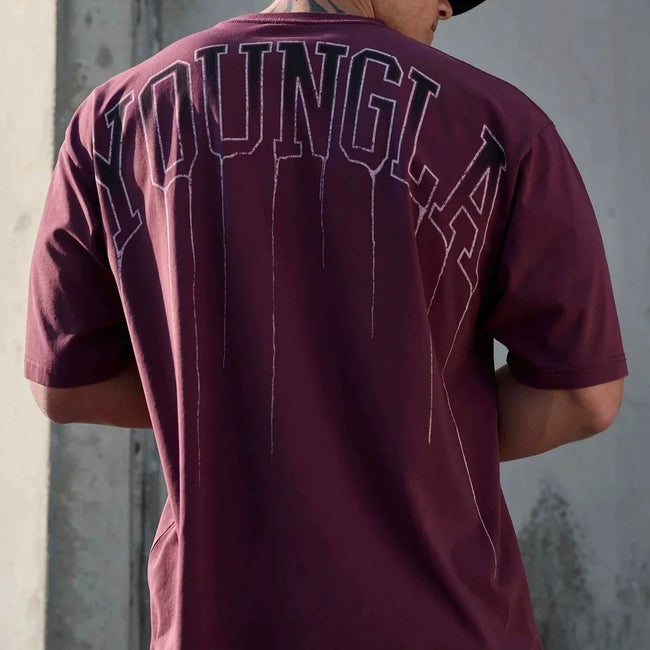 YoungLA Heavyweight Acid Wash Oversized Tee – Washed Maroon Drip Arc Back Artwork Hover Image