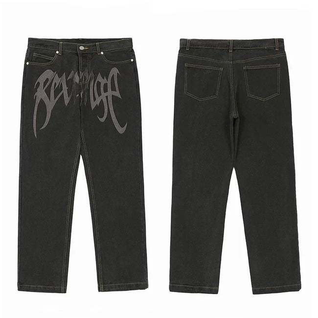 Revenge Vintage Dark Wash Gothic Logo Denim Jeans Hover Image