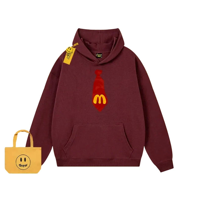 Drew Cartoon Tie Print Fleece Hoodie, Burgundy Hover Image