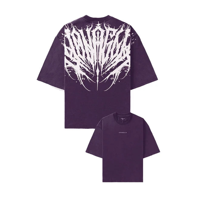 YoungLA Washed Purple Tribal Tattoo Back Logo Oversized Shirt | Heavy Cotton Gym Pump Cover Hover Image
