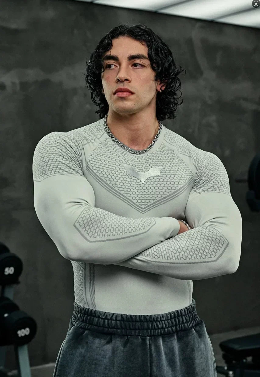 YOUNGLA Batman Superhero Compression Long-Sleeve Gym Shirt  LightGray