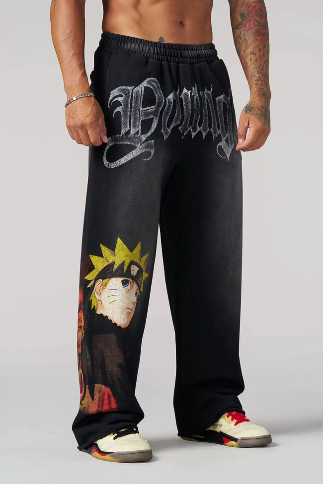 YOUNGLA Men's Anime Graphic Acid Wash Straight Leg Sweatpants Hover Image