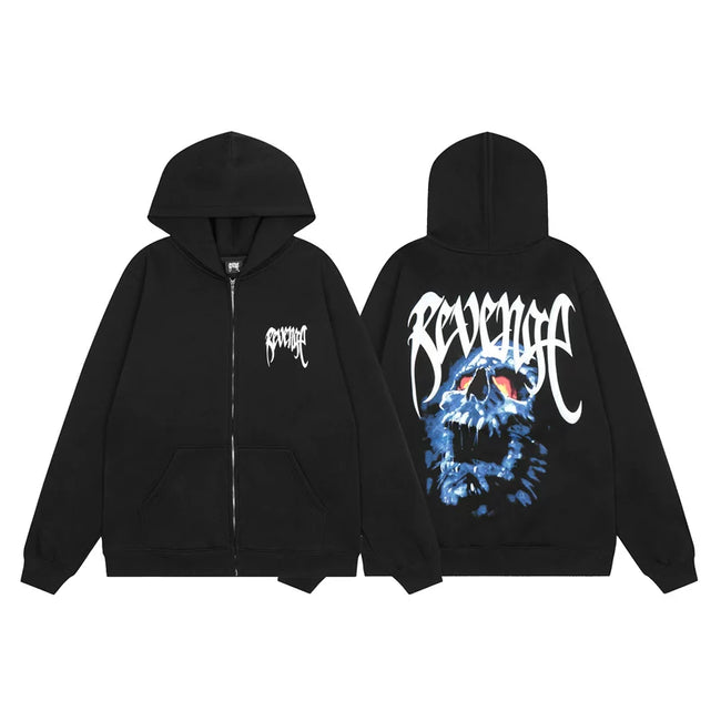 Revenge Skull Graphic Back-Print Zip-Up Hoodie - Black Hover Image
