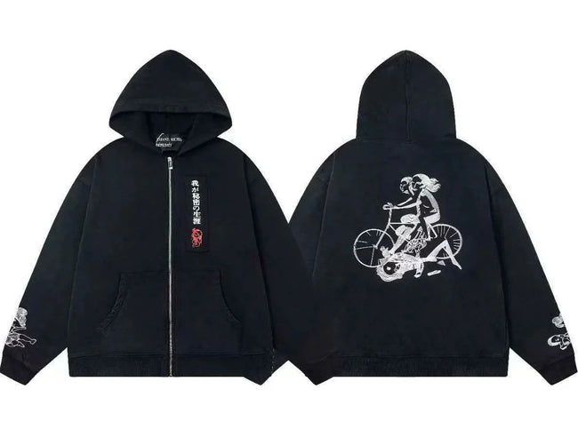 Enfants Riches Déprimés Vertical Japanese Text & Bicycle Art Zip-Up Hoodie - Black Hover Image