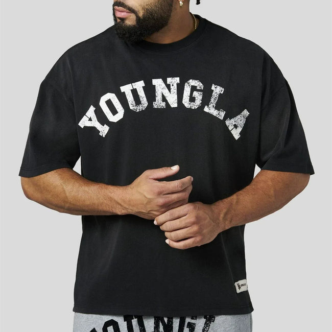 YoungLA Heavyweight Acid Wash Oversized Tee – Jet Black Distressed Print Hover Image