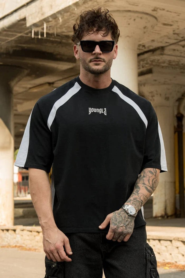 YoungLA Heavyweight Acid Wash Oversized Tee – Contrast Raglan Sleeve Gothic Micro Logo Hover Image