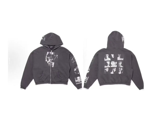 Enfants Riches Déprimés Chest Graphic & Back Six-Panel Grid Zip-Up Hoodie - Washed Black Hover Image
