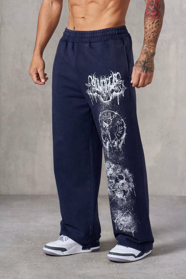 YOUNGLA Men's Acid Wash Heavy Metal Skull Graphic Wide Leg Sweatpants Hover Image