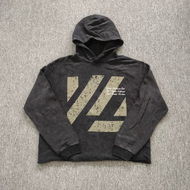 YOUNGLA- Washed Black Graphic Pullover Hoodie Hover Image