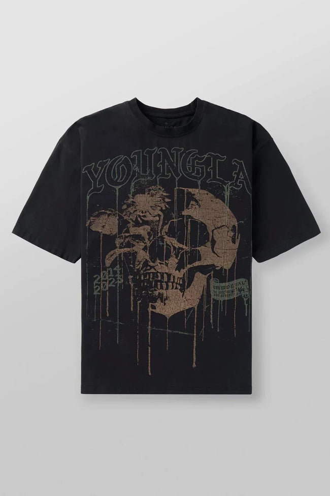 YoungLA Heavyweight Acid Wash Oversized Tee – Washed Black Drip Skull Graphic Hover Image