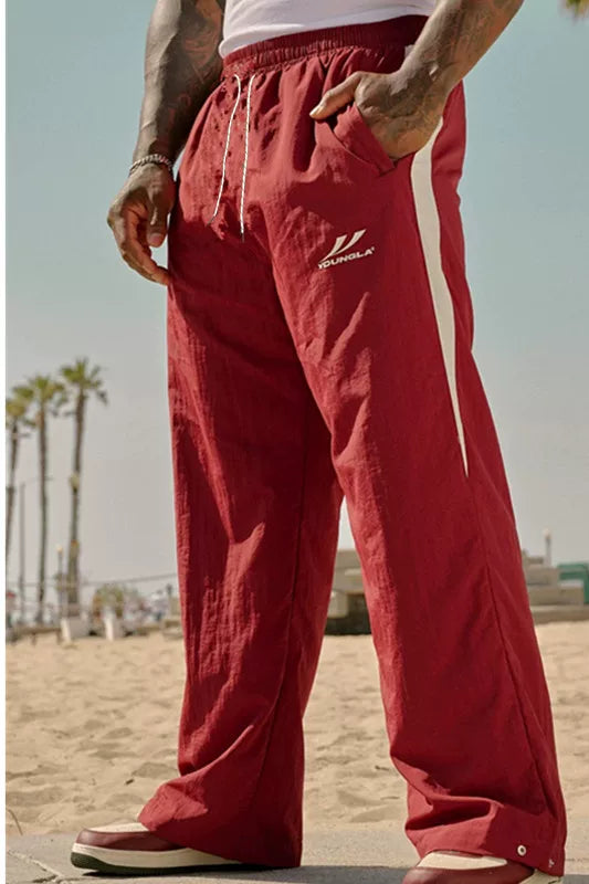 YOUNGLA Men's Retro Athletic Side Stripe Wide Leg Track Pants -Red, Hover Image