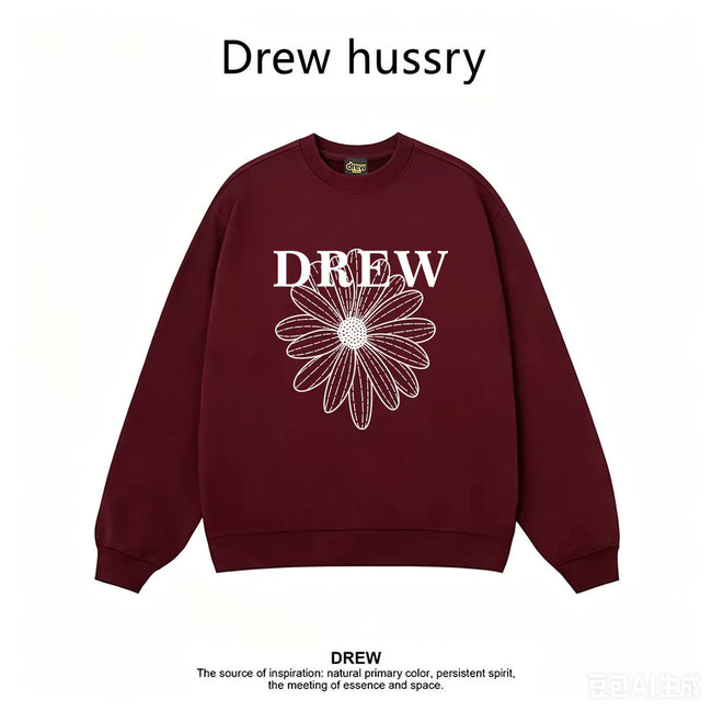 Drew Daisy Print Crewneck Sweatshirt, Fleece Lined, Unisex Loose Fit Hover Image