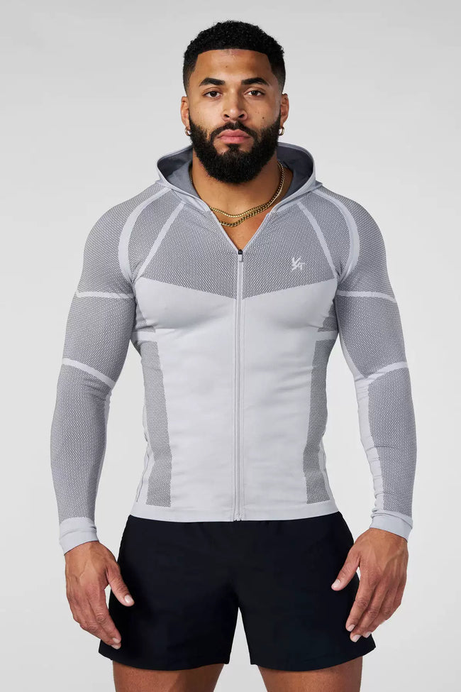 YOUNGLA- Light Grey Fitted Zip-Up Hooded Jacket Hover Image