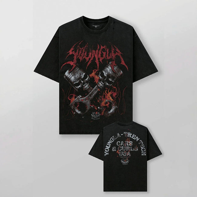 YoungLA Heavyweight Acid Wash Oversized Tee – Mechanical Piston Skull Graphic Hover Image