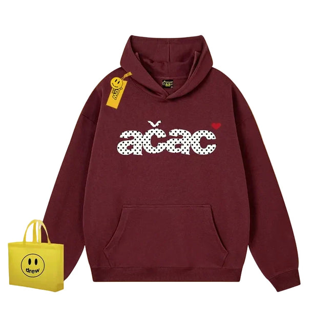 Drew Polka Dot Letter Print Hoodie, Burgundy, Cotton Regular Weight Hover Image