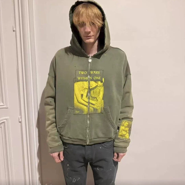 Enfants Riches Déprimés Yellow Graphic Zip-Up Hoodie - Olive Green Main Image