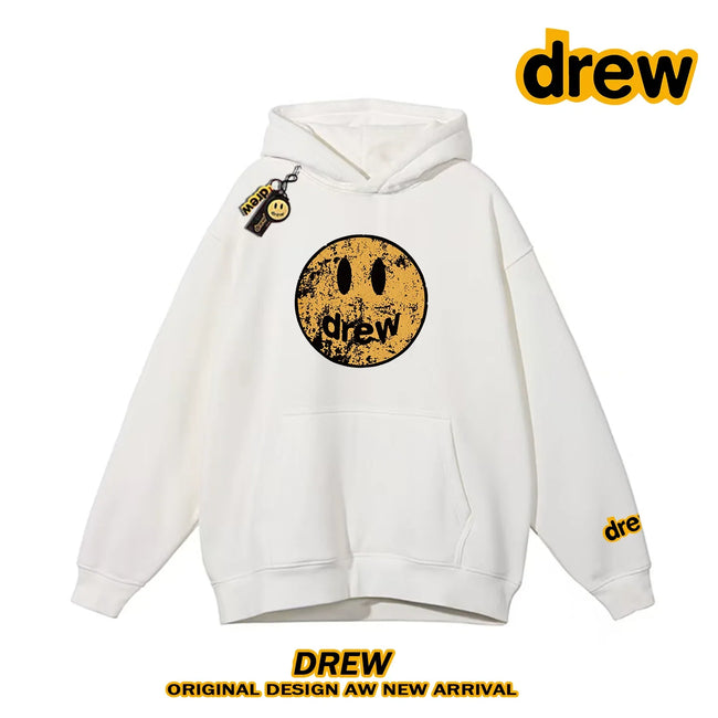 Drew Distressed Cracked Smiley Face Heavy Fleece Lined Hoodie, White Hover Image
