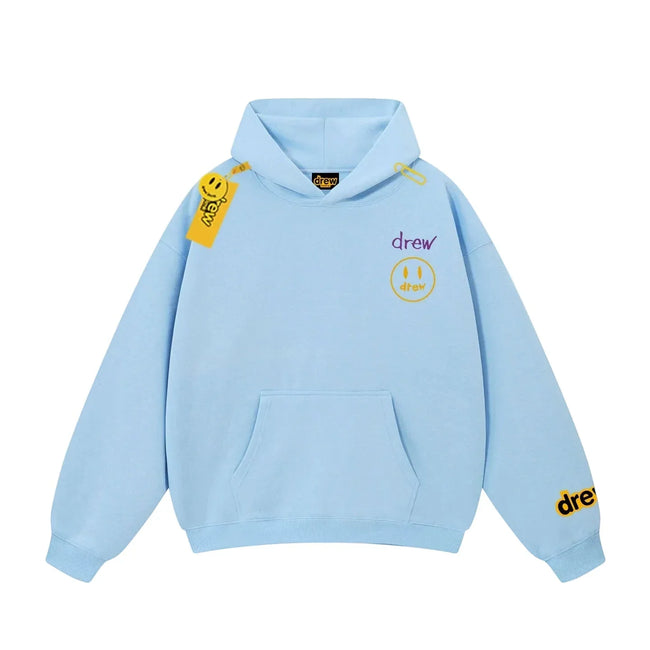 Drew Light Blue Smiley Graphic Relaxed-Fit Fleece Hoodie Hover Image