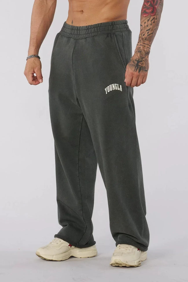 YOUNGLA Men's Arched Collegiate Logo Acid Wash Wide Leg Sweatpants Hover Image