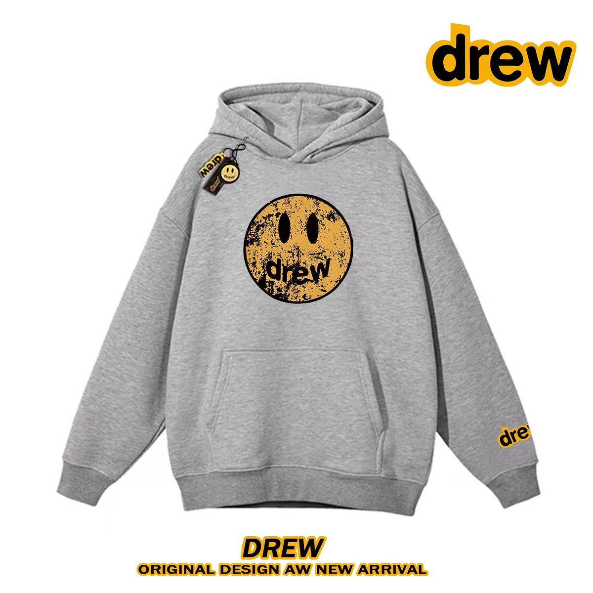 Drew Distressed Cracked Smiley Face Regular Lightweight Hoodie, Grey