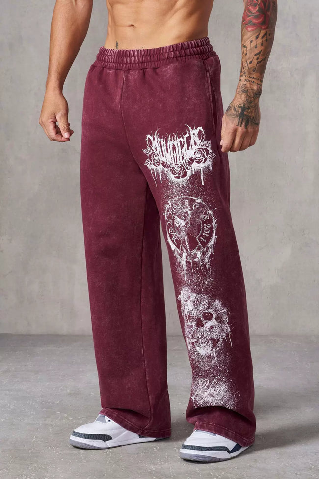 YOUNGLA Men's Acid Wash Heavy Metal Skull Graphic Wide Leg Sweatpants Hover Image