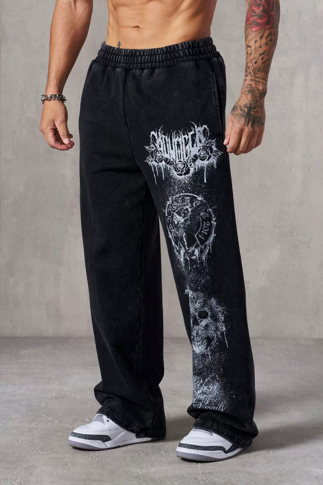 YOUNGLA Men's Acid Wash Heavy Metal Skull Graphic Wide Leg Sweatpants Hover Image
